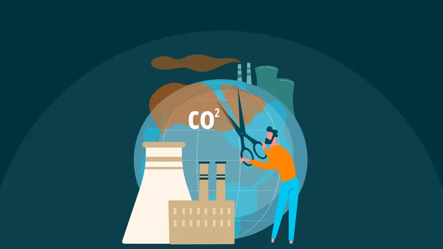 Person cutting a CO2 emissions cloud rising from an industrial chimney