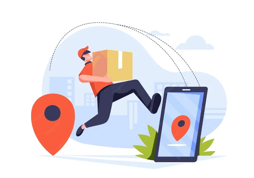 Courier carrying a parcel toward a phone showing a live delivery tracking pin